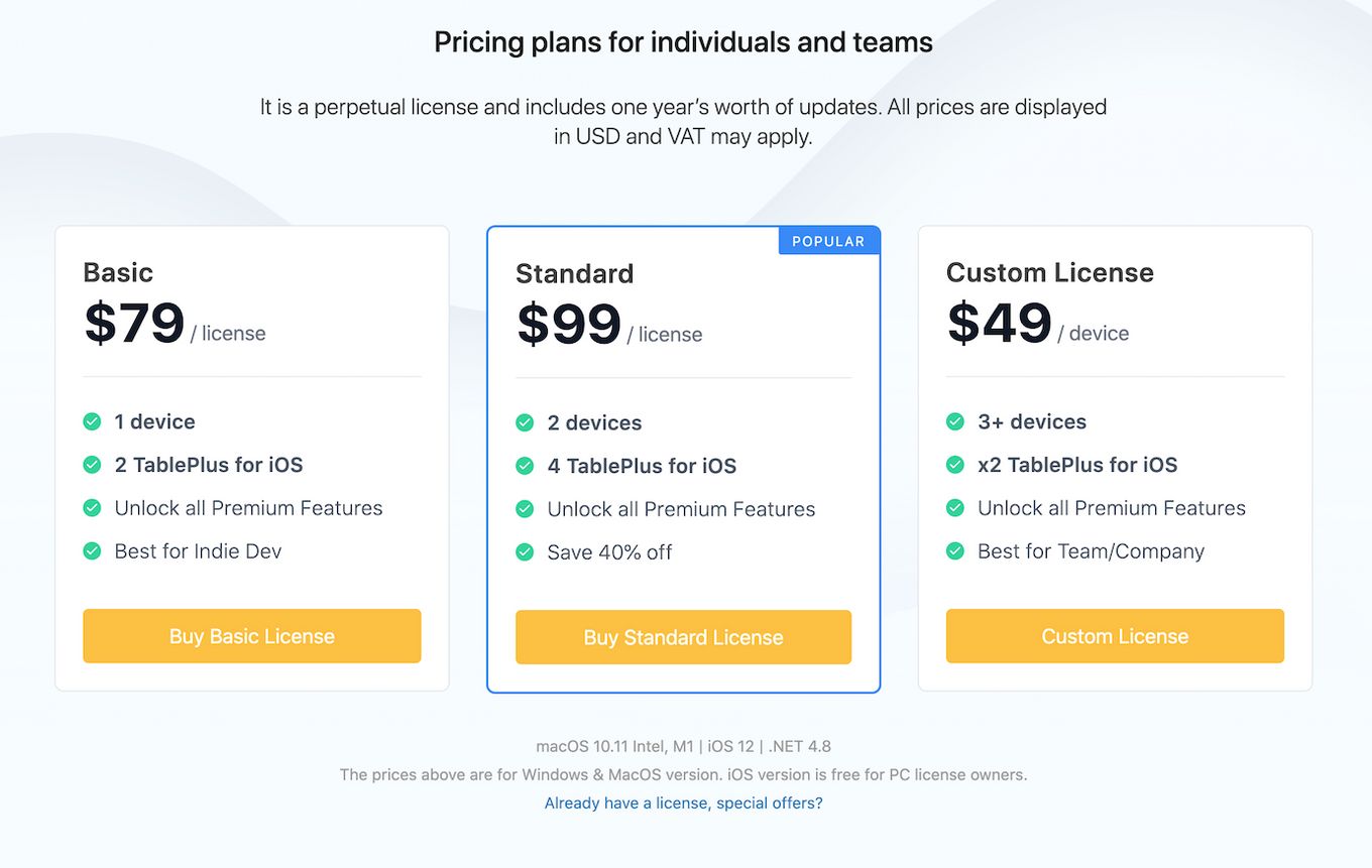 TablePlus - TablePlus Pricing Plans