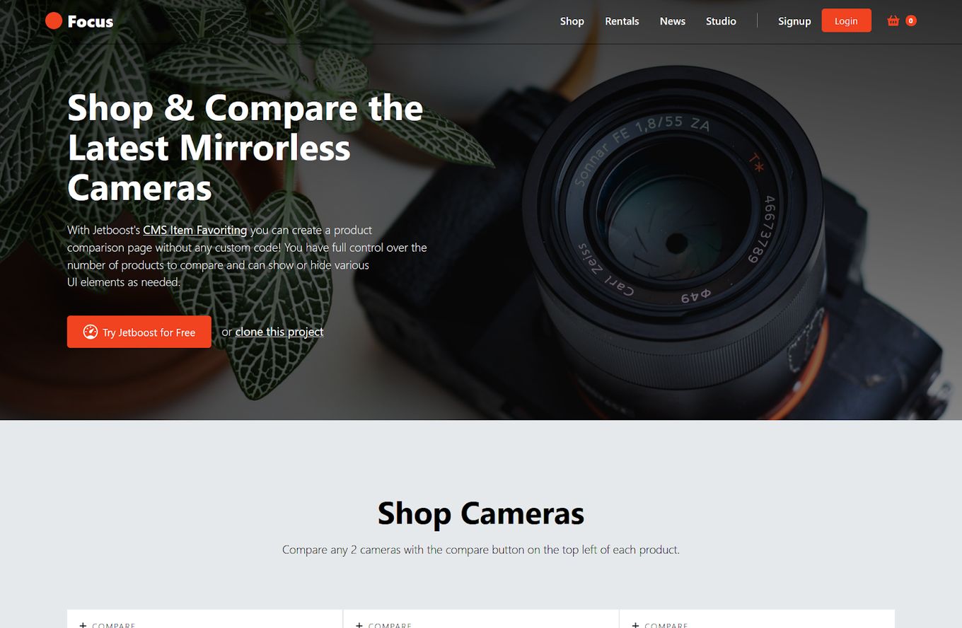 JetBoost Focus Camera Store - Great Webflow Template With Ecommerce Integratioon