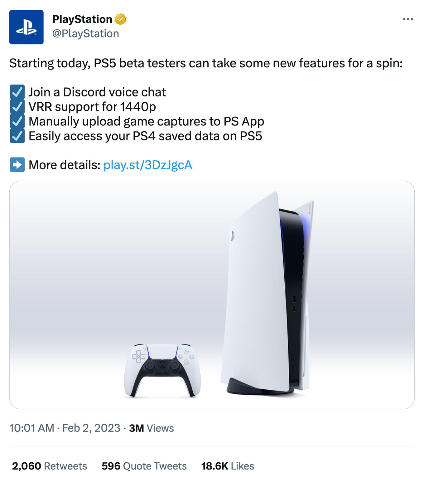 PlayStation Tweet anunciando Discord Beta para PS5