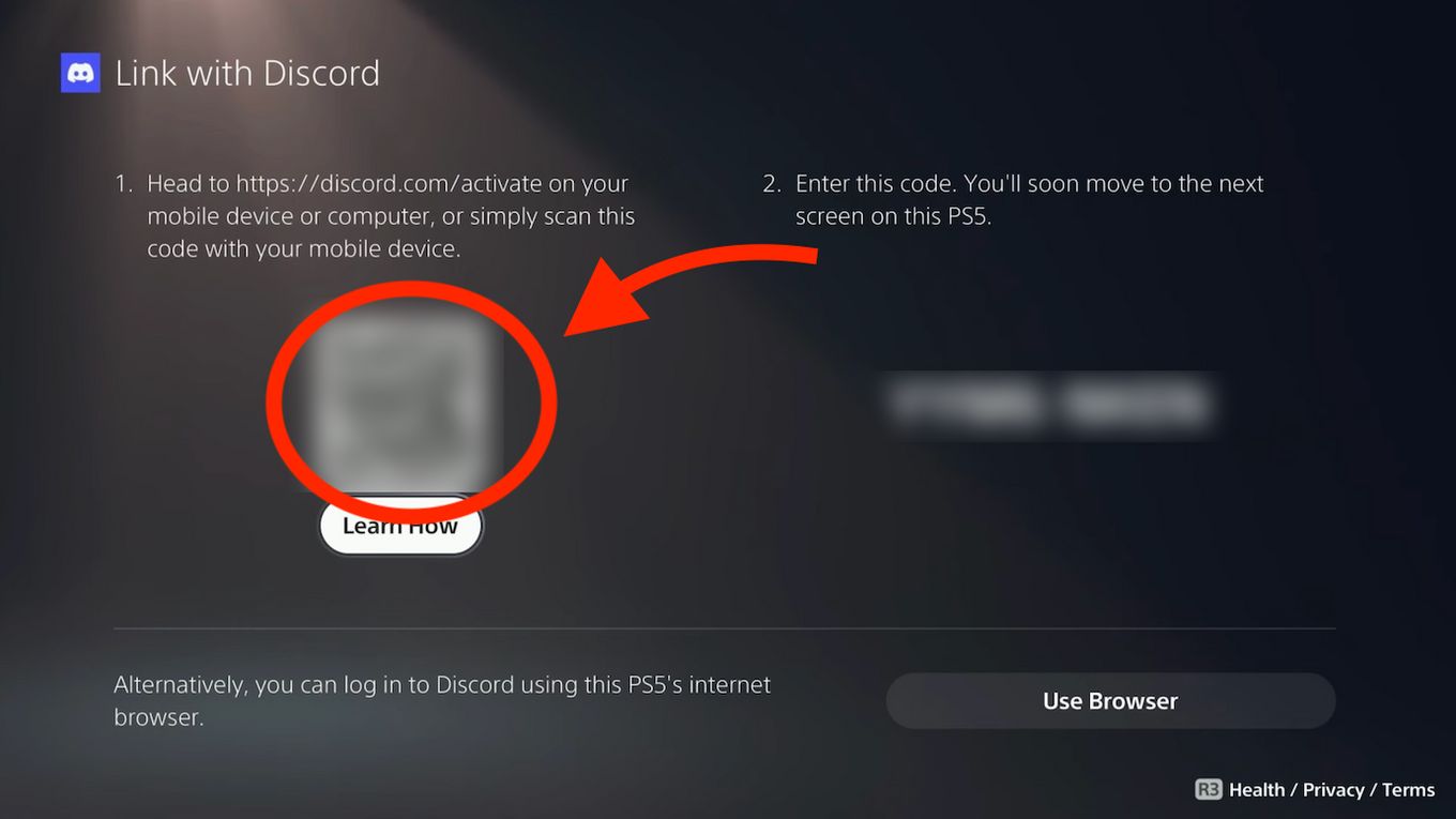 QR y código digital para vincular la discordia con PS5