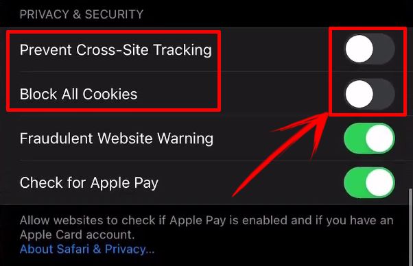 Turn off the settings to enable third-party cookies on Safari