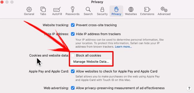 Deselect Block all cookies to enable third-party cookies on Safari