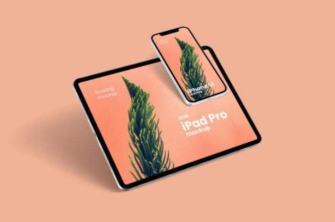 Floating Ipad pro and iPhone 12 Free mockup