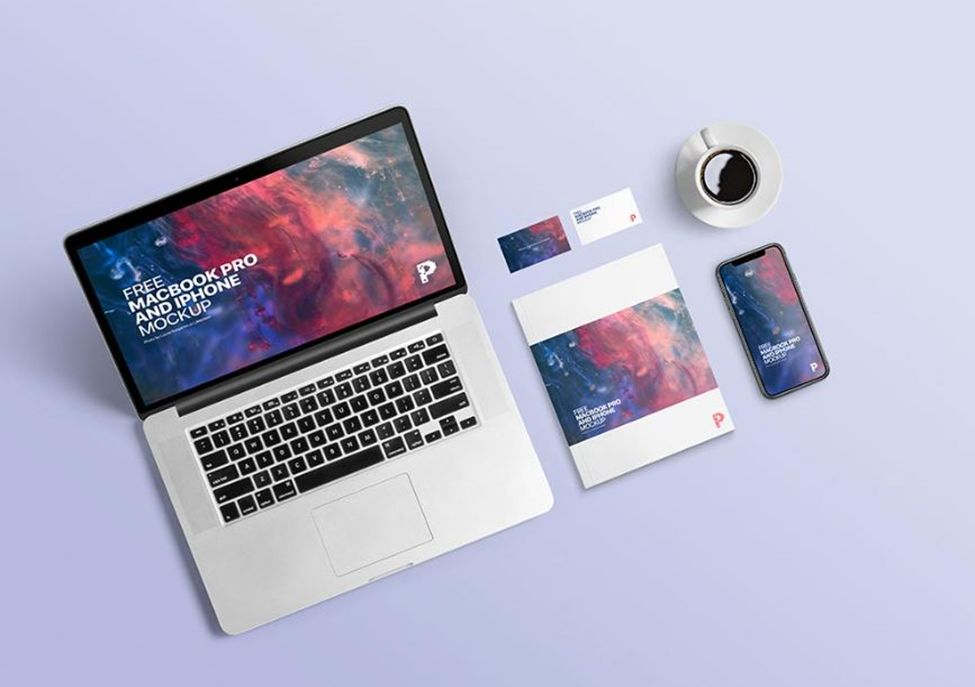 MacBook mockup PSD set with notebook and iPhone