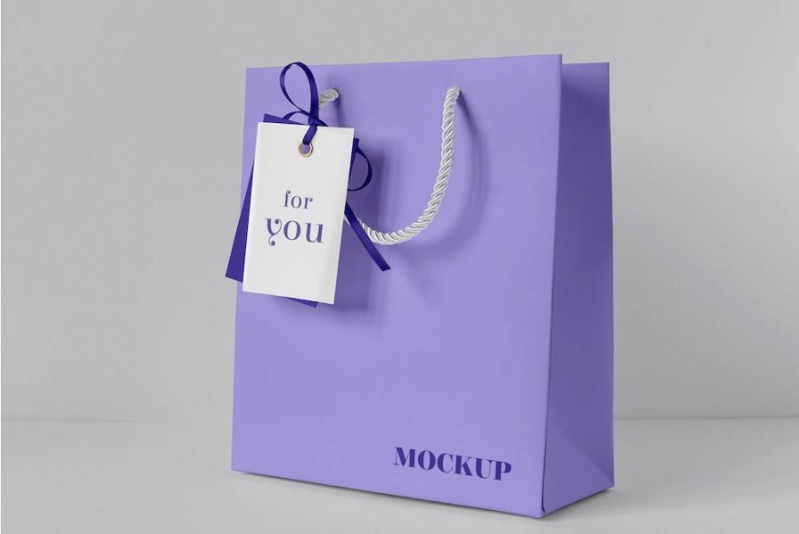 Purple paper bag mockup isometric