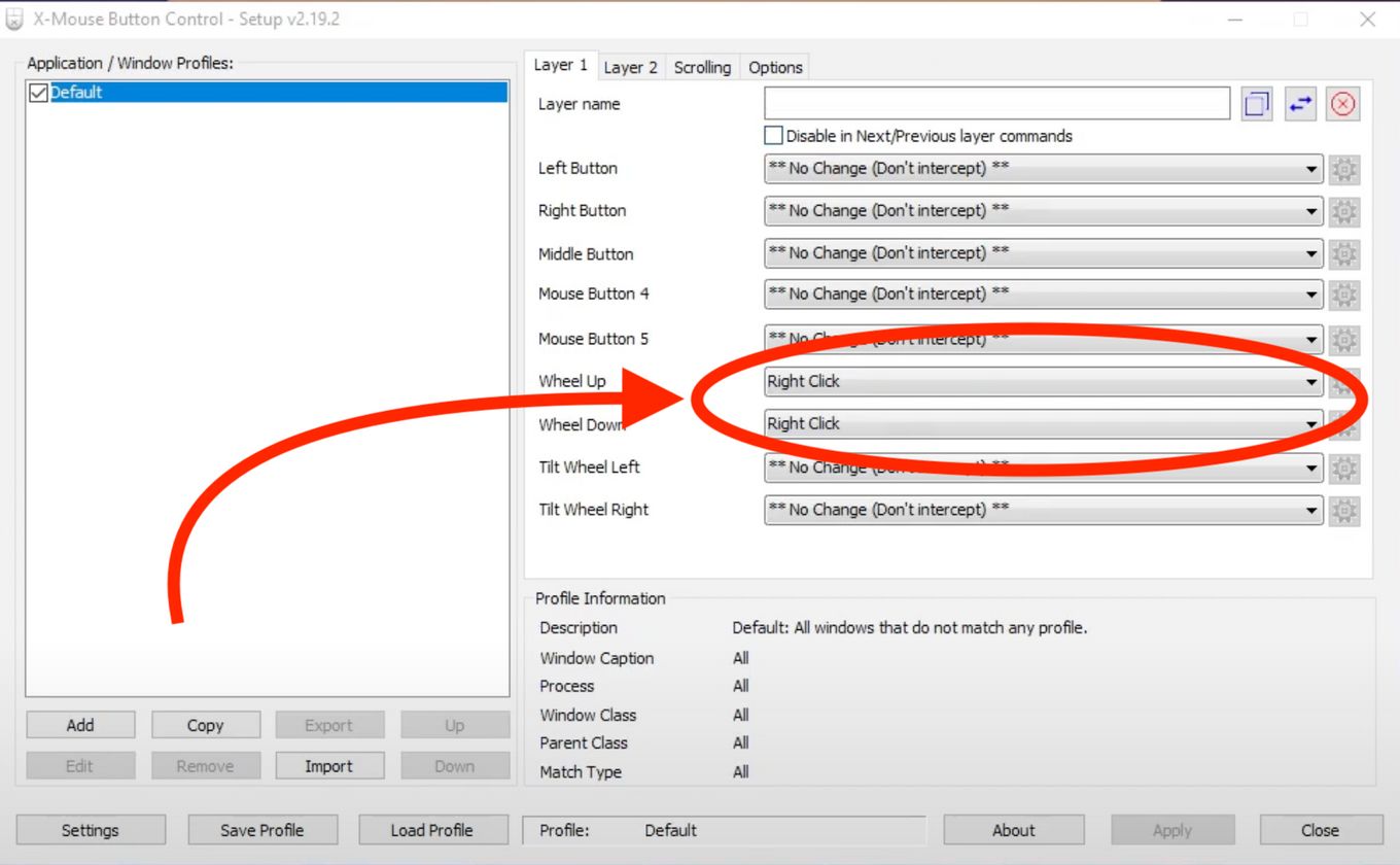 X-Mouse Settings - Binding Mouse Wheel to click events