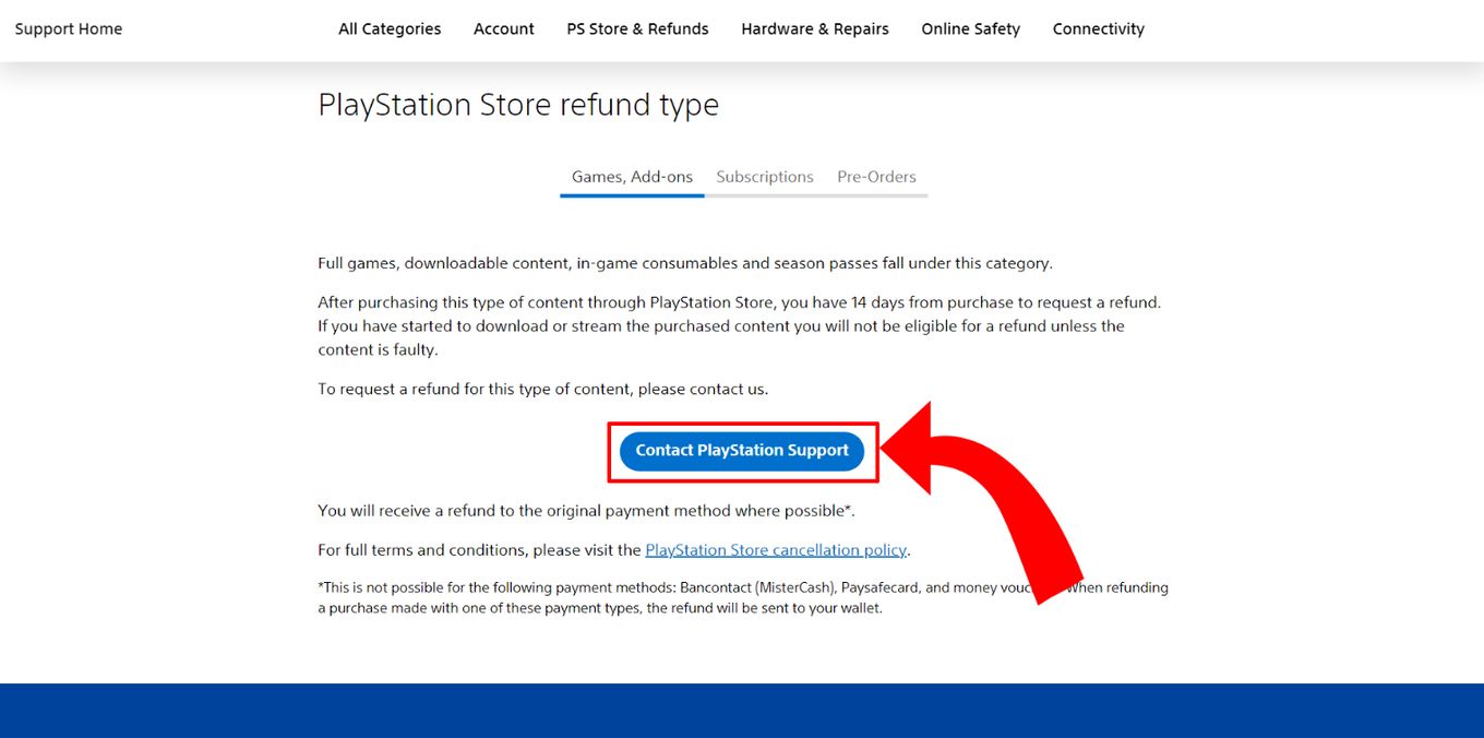 Refund A Game on PS5 - Step 3: Click on 'Contact PlayStation Support'