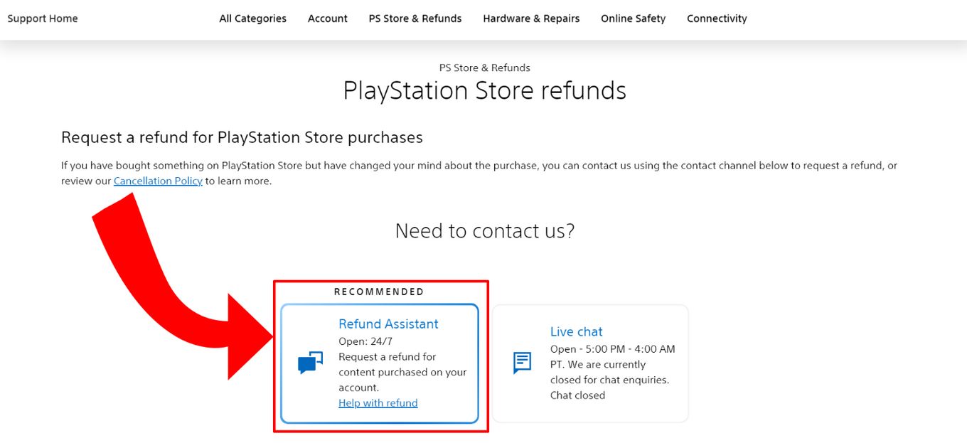 Refund A Game on PS5 - Step 6: Select 'Refund Assistant' (US)