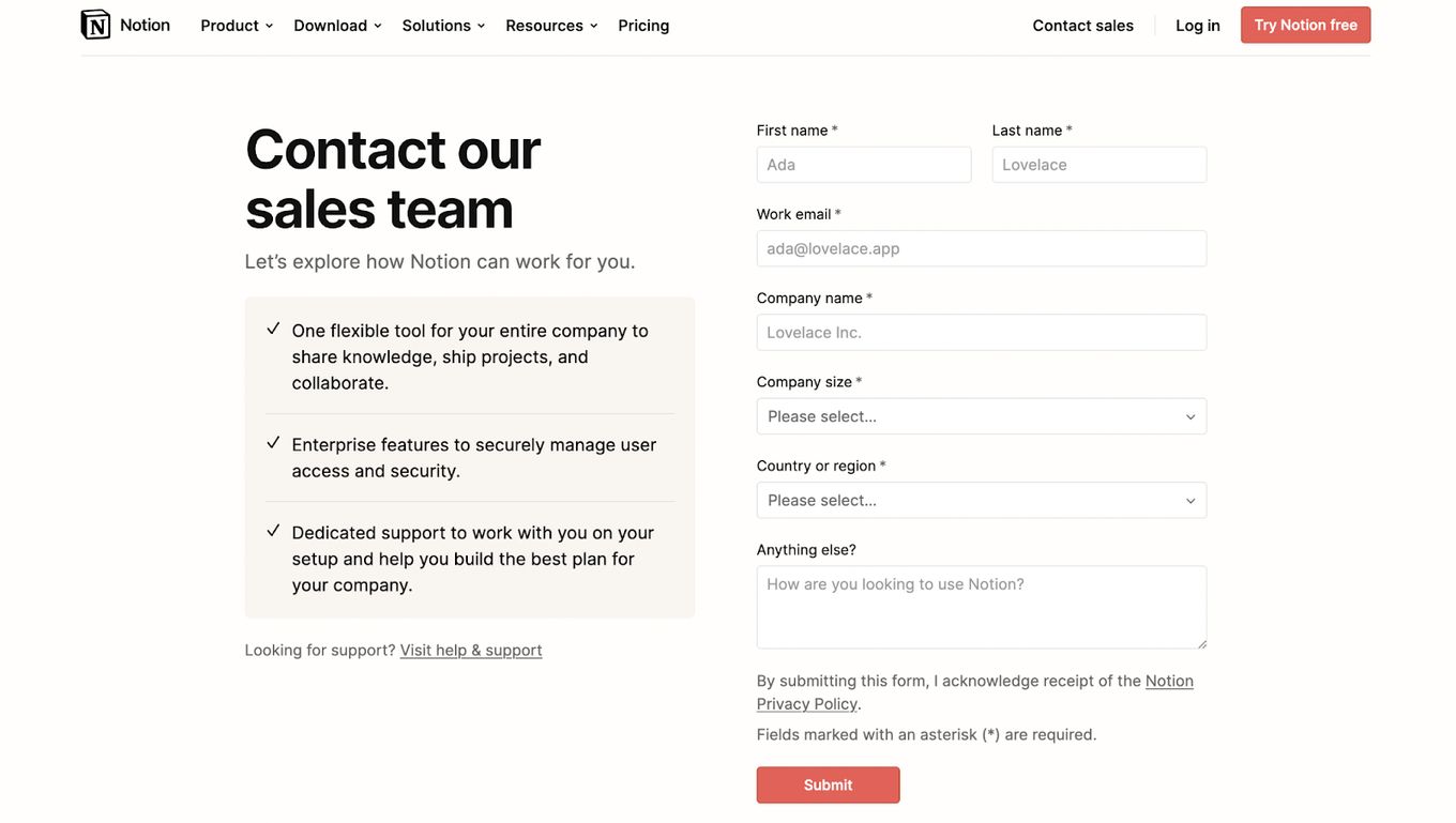 Notion site contact page