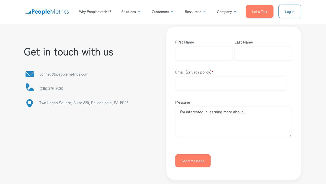 PeopleMetrics site contact us-page