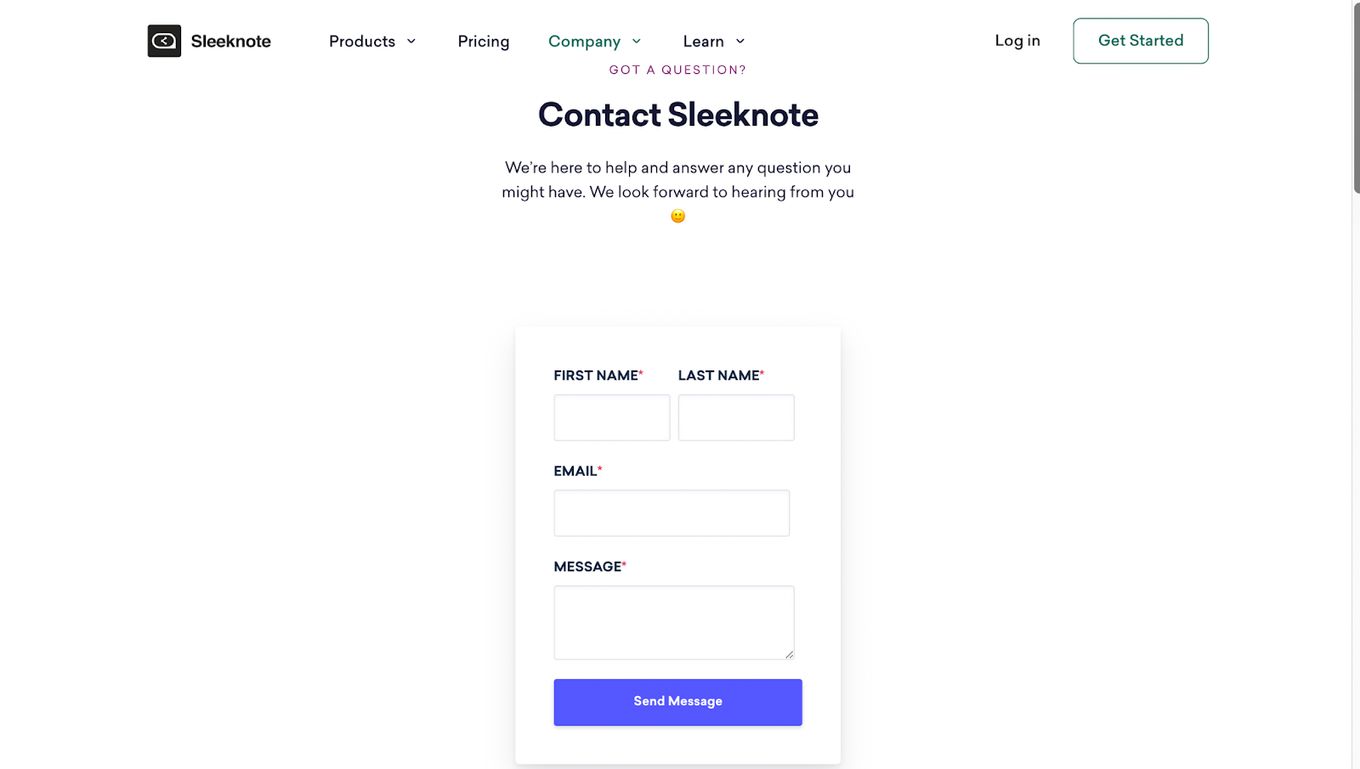 Sleeknote site contact page