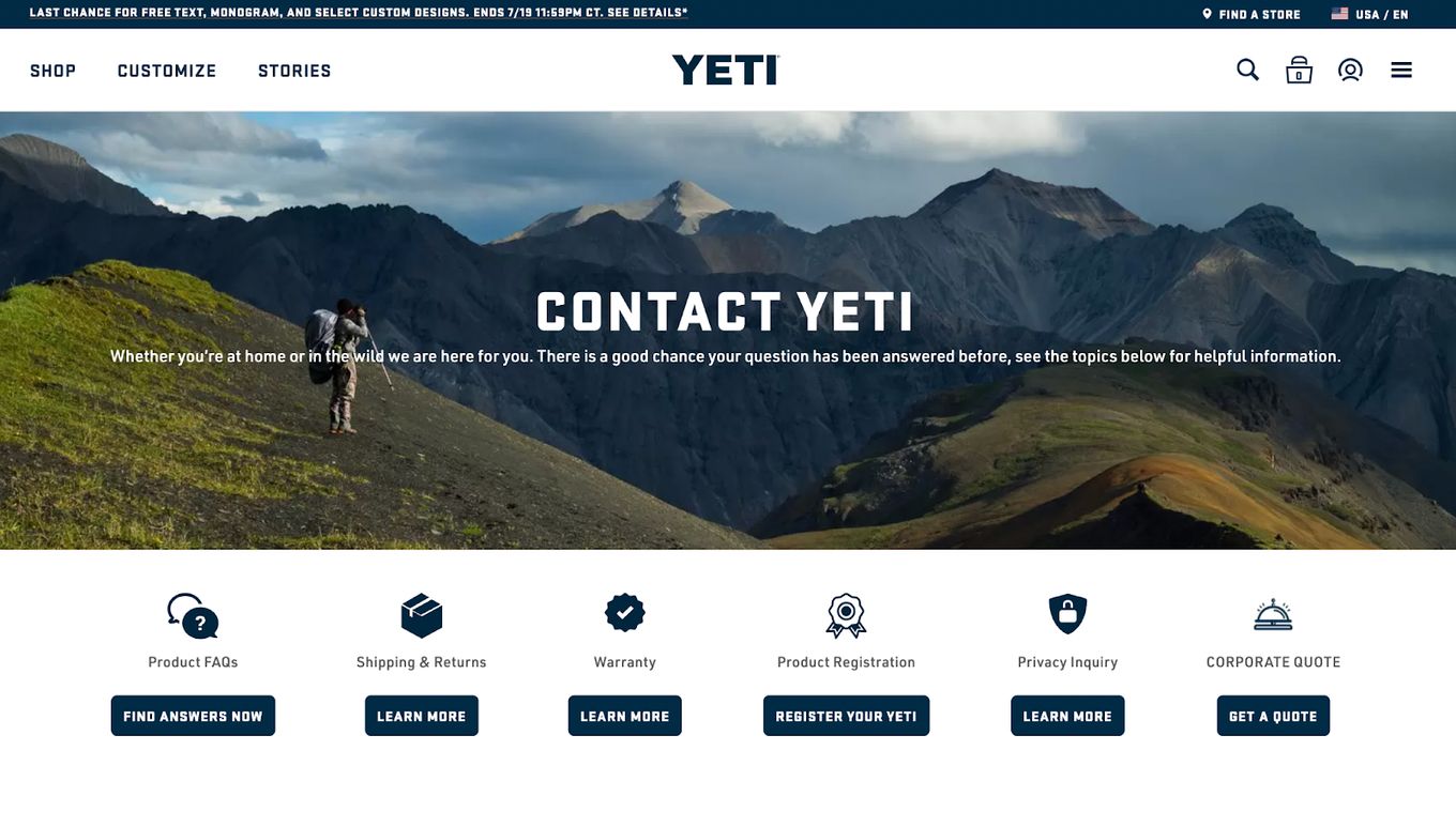 Yeti site contact page