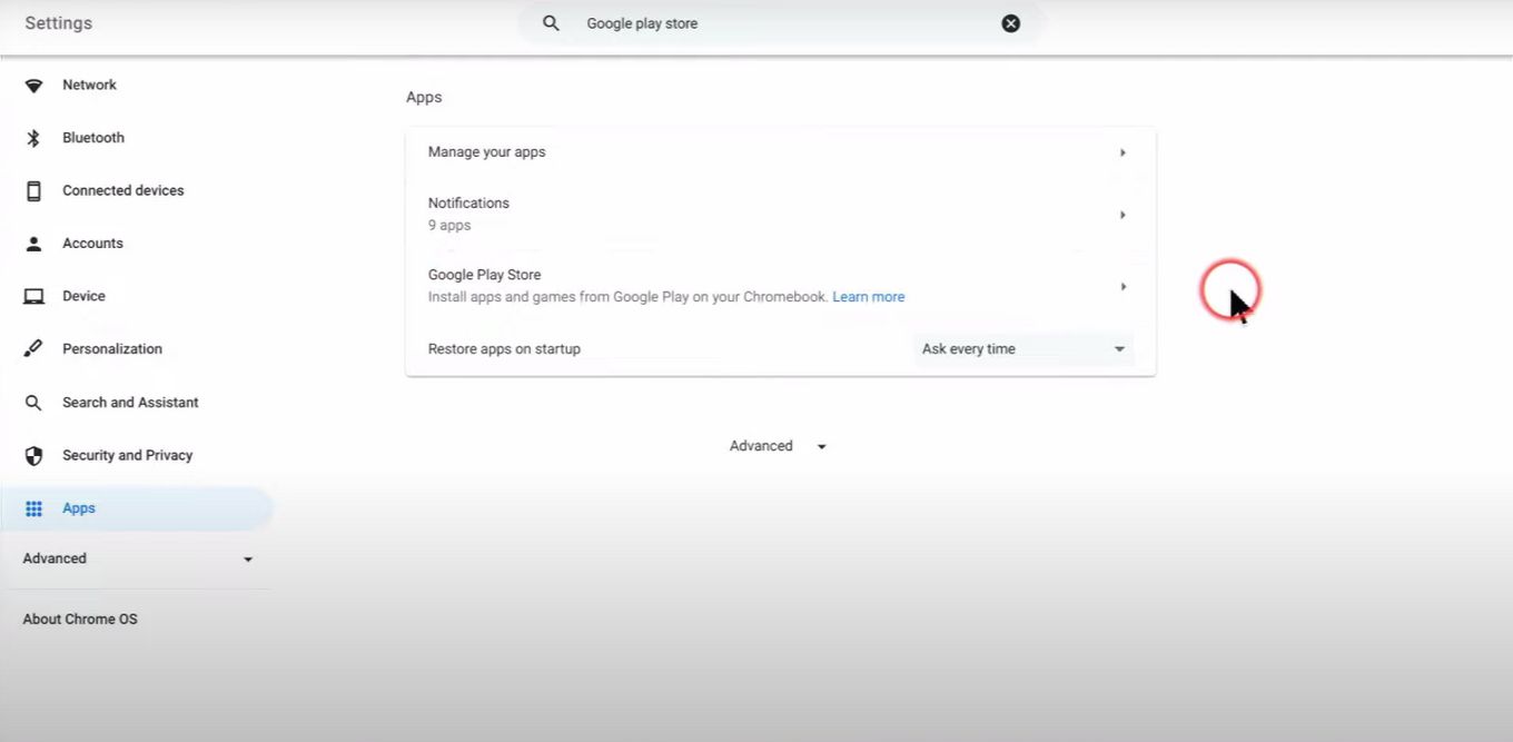 In Chromebook's settings, search for Google Play Store