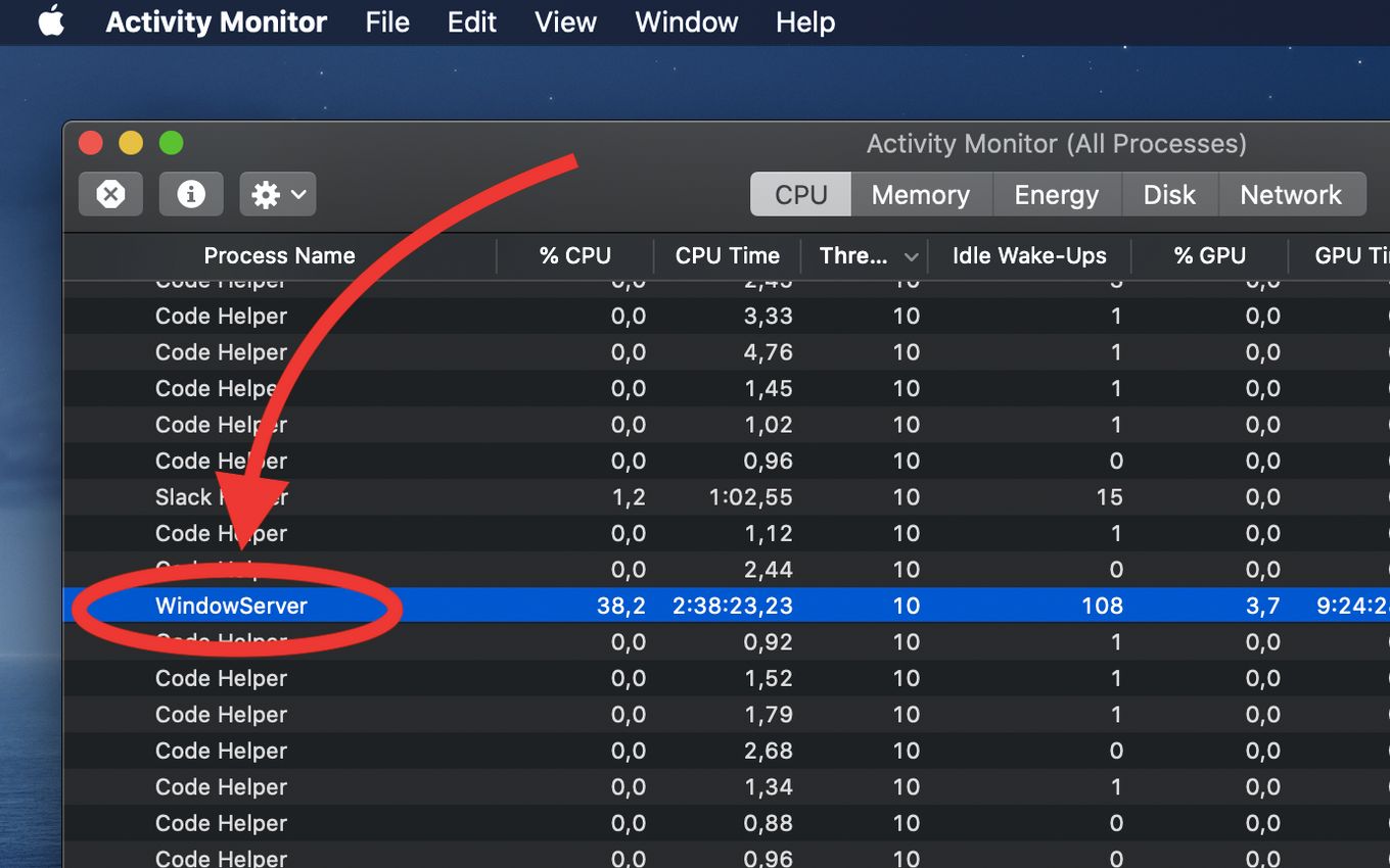 Look for WindowServer among the list of processes