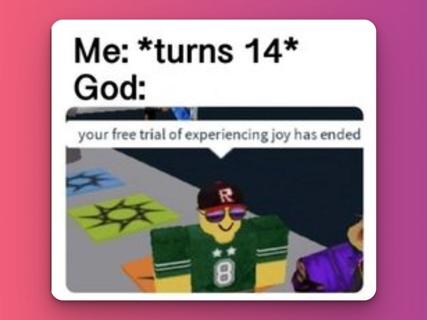 Me turning 14. God: Your Free Tria Experience Has Expired - Cursed Roblox Meme