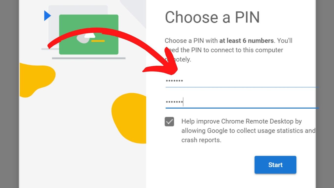 Select a PIN - Chrome Remote Desktop