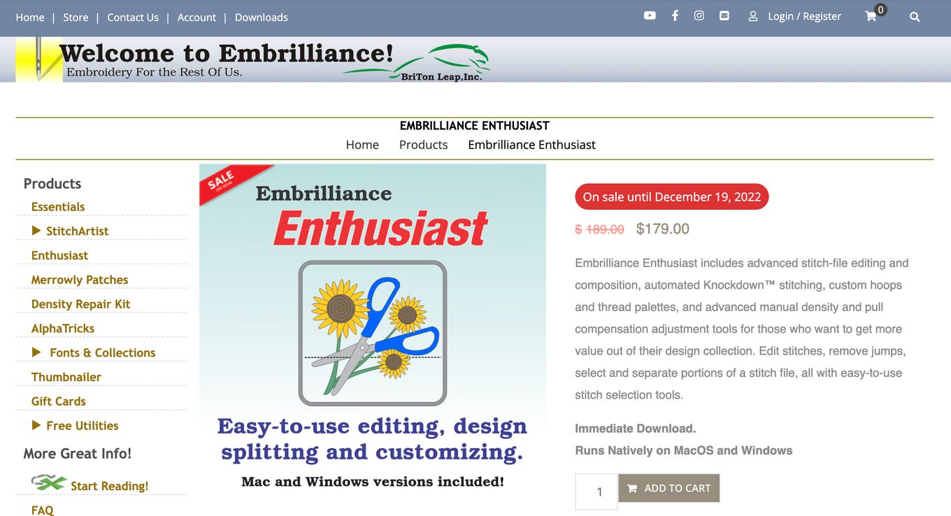 Embrilliance Enthusiast Embroidery Software