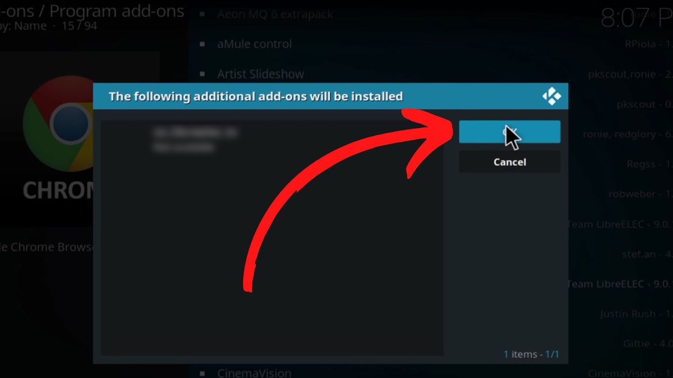 Select Ok - Run Chrome Kodi