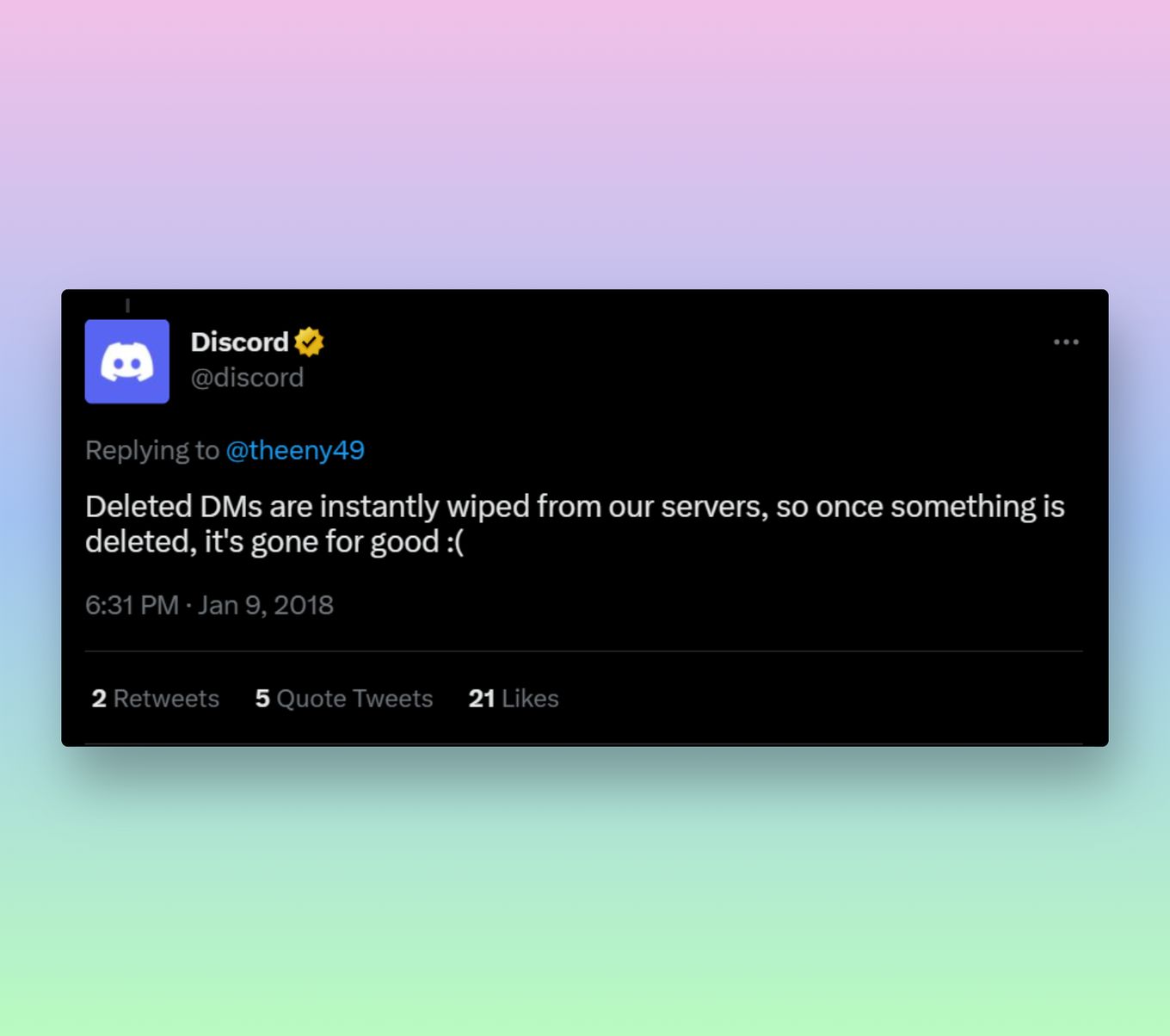 Discord announcement on Twitter about deleted DMs removed from server
