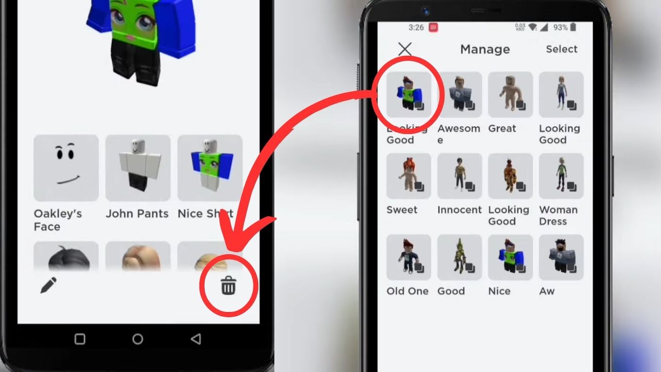Click on the delete button to erase a Roblox outfit