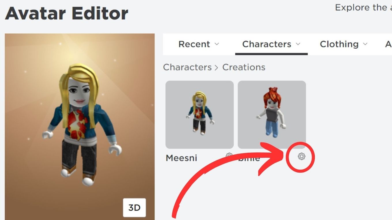 Click Gear icon of Costume on Roblox