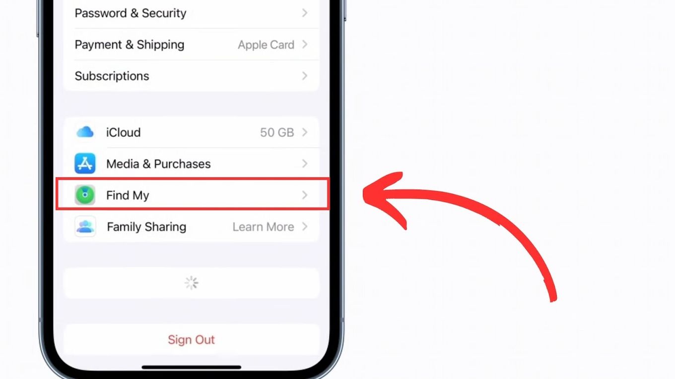 Select Find My Option iPhone