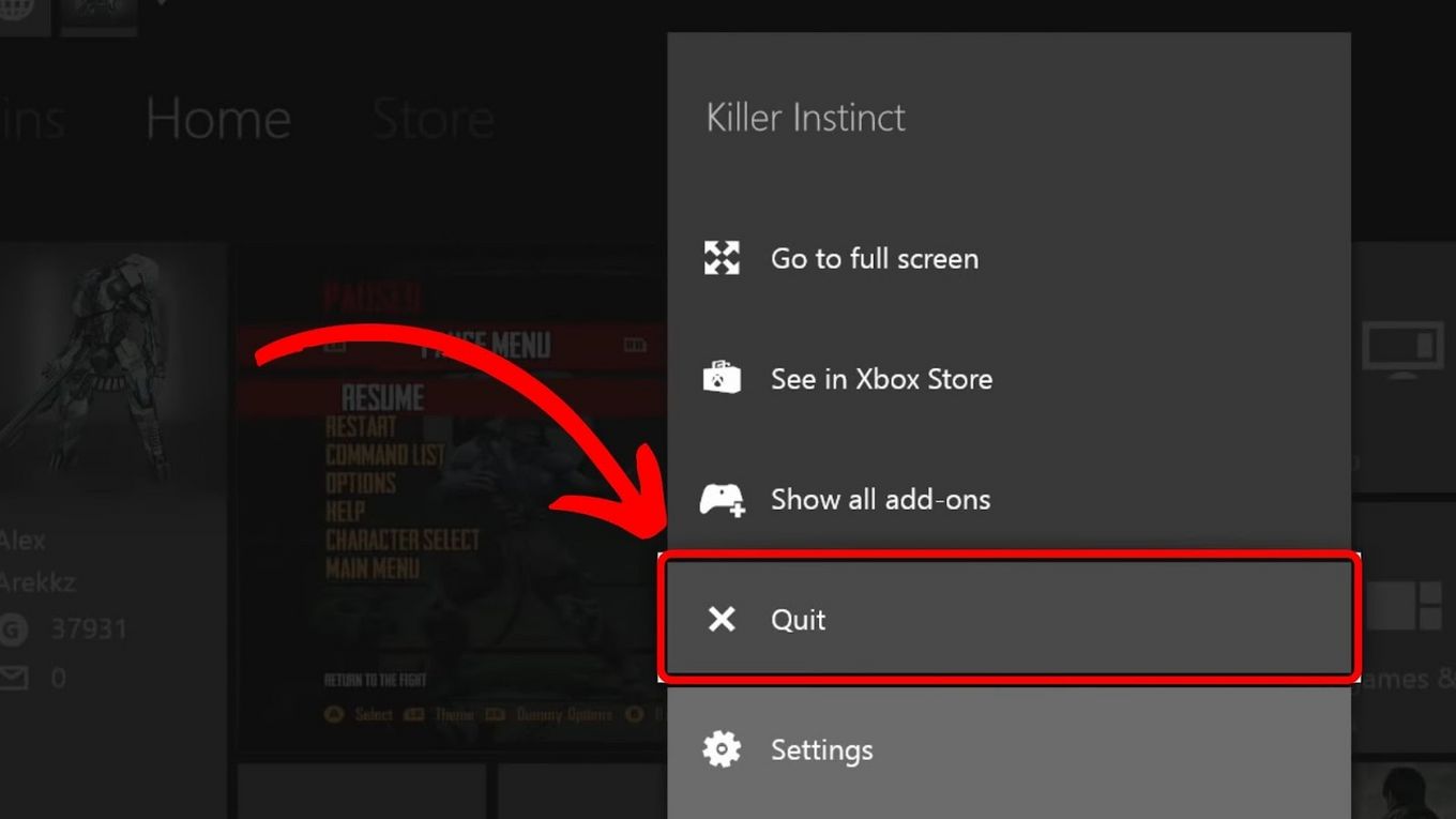 Finding the quit app option on Xbox