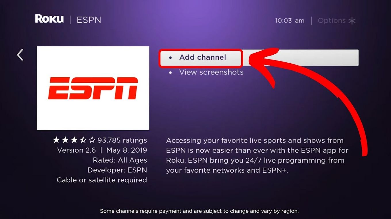 Add Channel to add ESPN on Roku