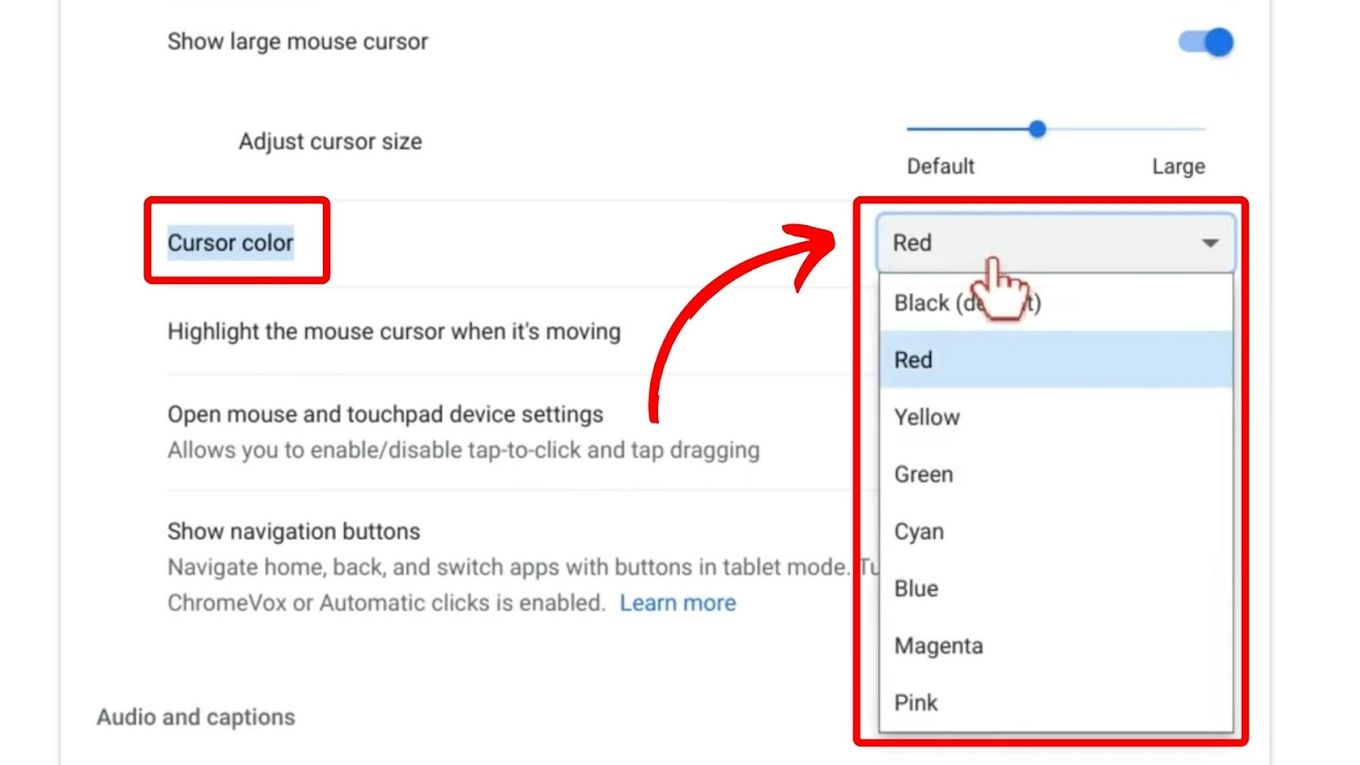Change Chromebook mouse color - Cursor Color settings