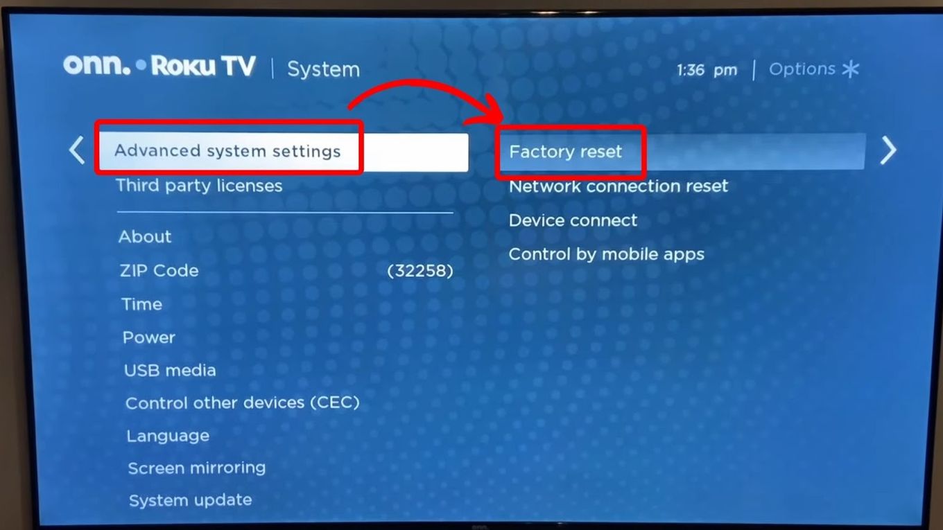 Advanced System Settings to Factory Reset Roku