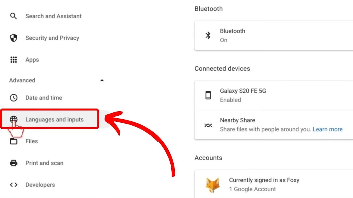 Change Chromebook Keyboard Language - Click Advanced