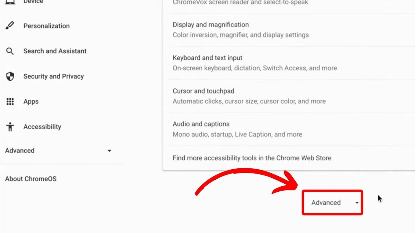 Advanced Option on Chromebook Settings