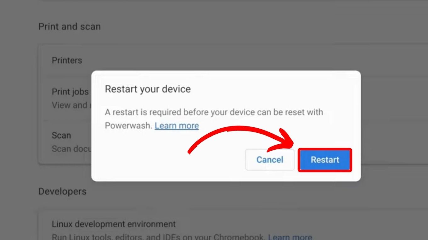 Reset Chromebook - Click Restart