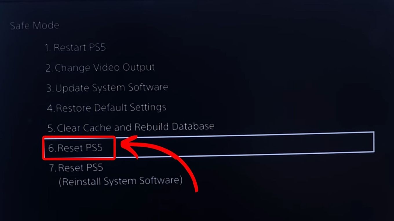 Reset PS5 Option in the Safe Mode Menu