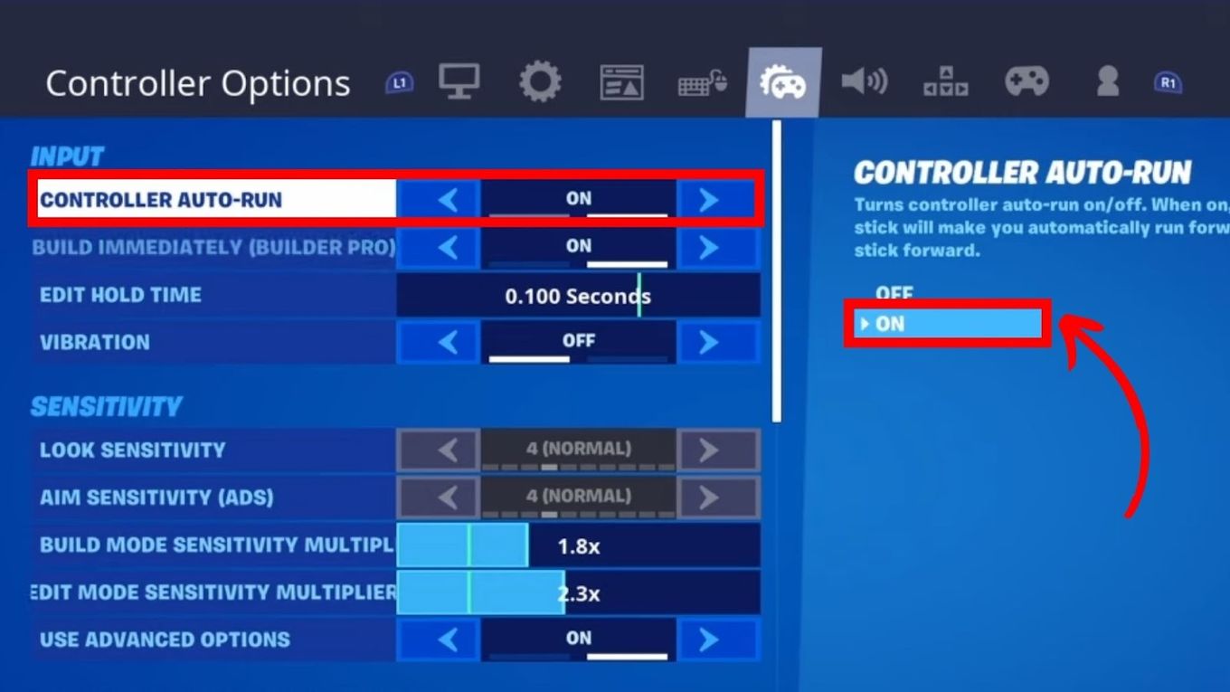 Controller Options in Fortnite Settings on Xbox
