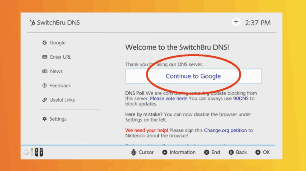 Nintendo Switch Browser - Continue to Google