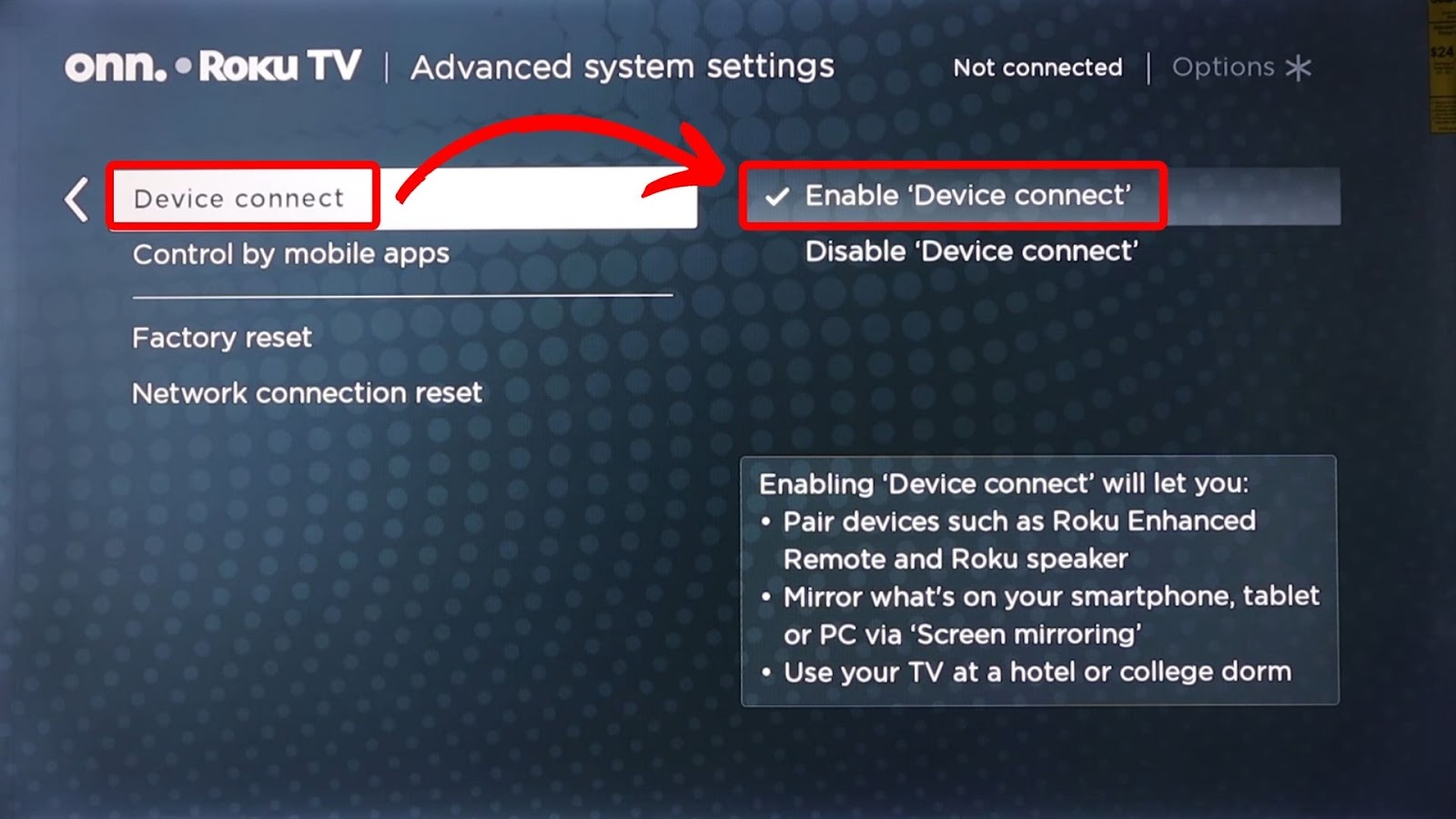 Enable the Device Connect option in your Roku