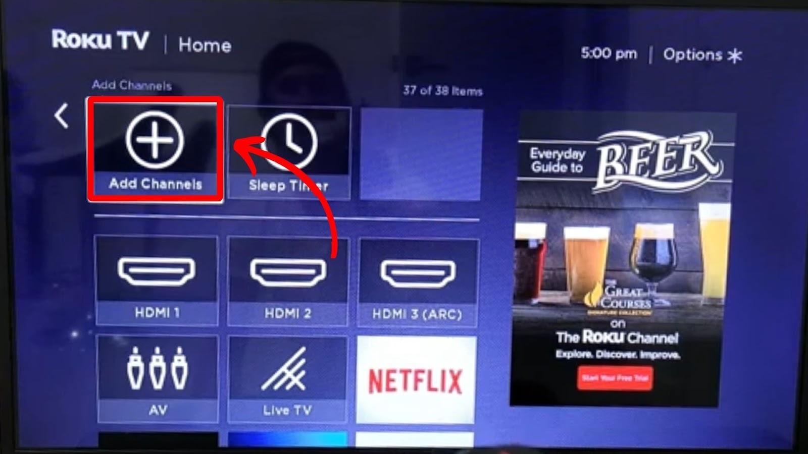 Accessing Sharp Roku TV Add Channel Section