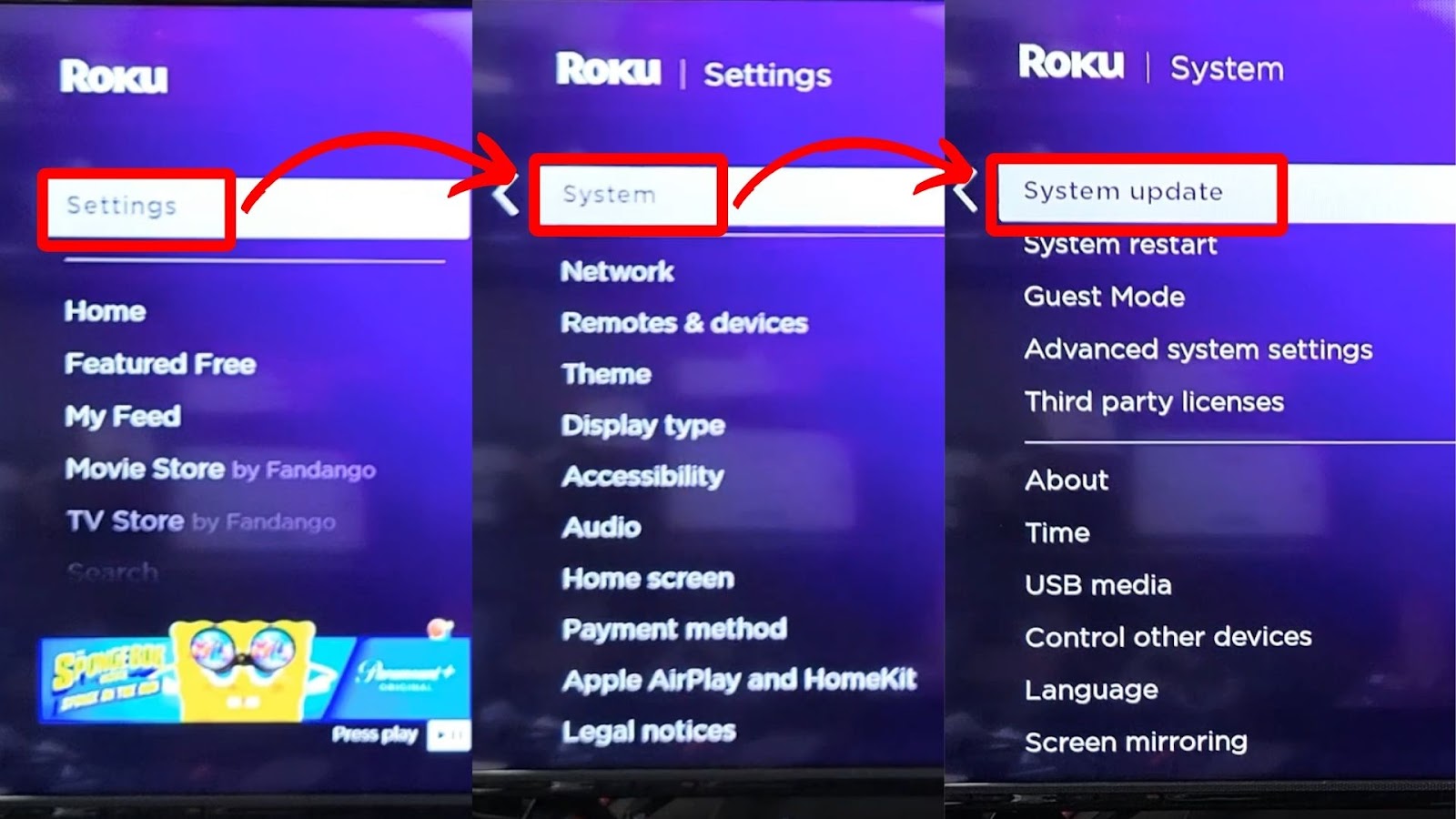 Accessing Sharp Roku System Update Settings