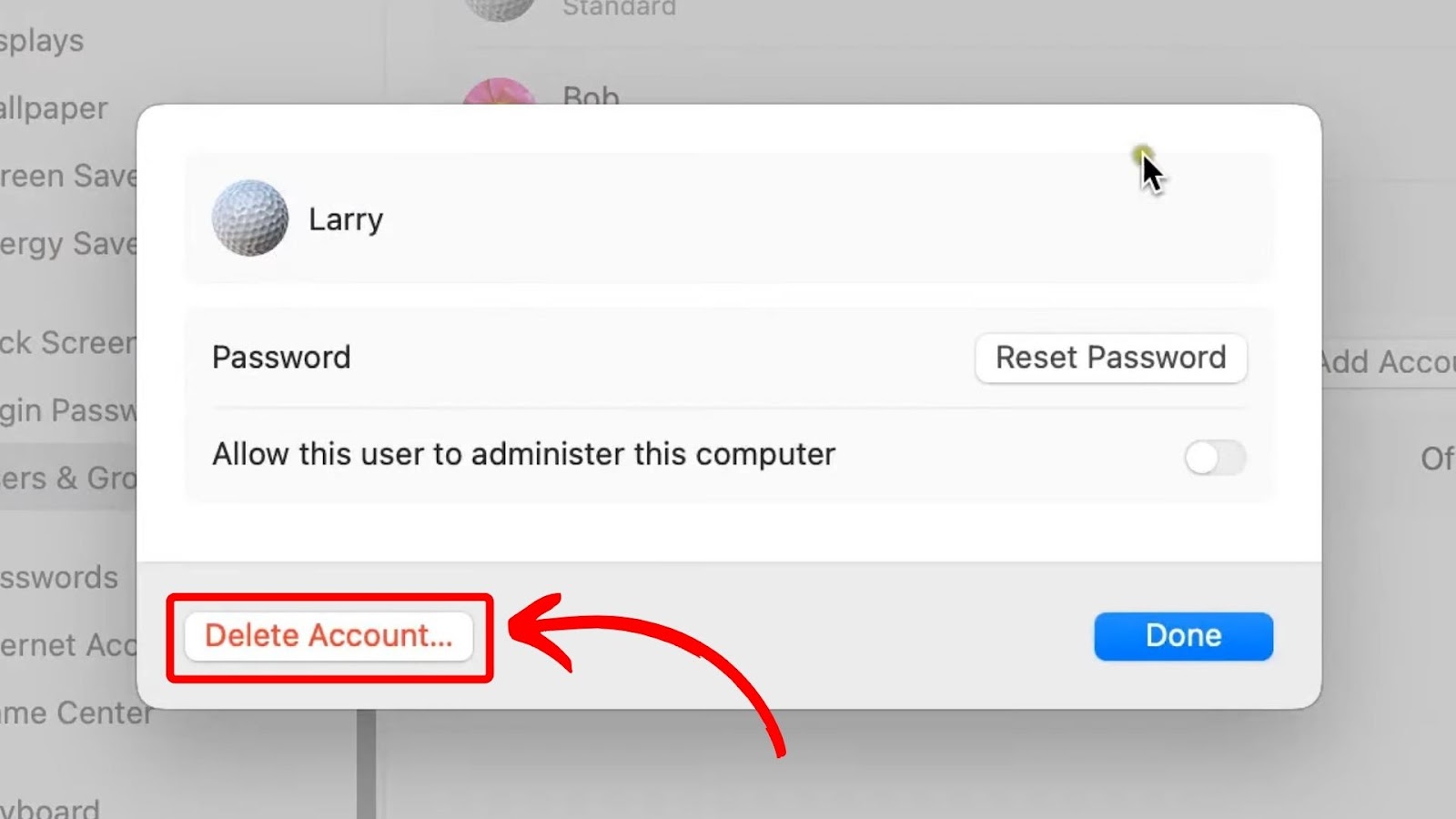 Click Admin Account to Delete on Mac