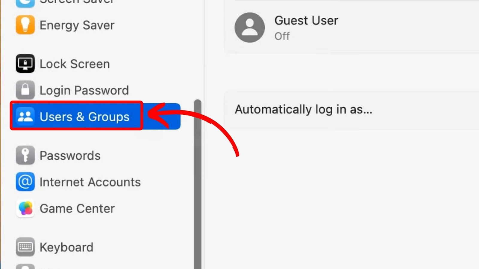 Go to the User and Groups Options on Mac