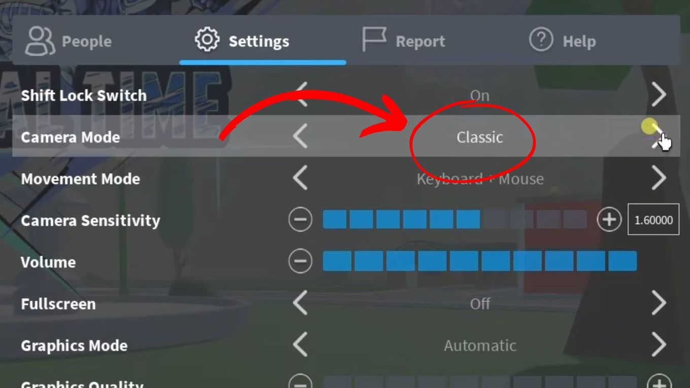 Choose classic camera mode on Roblox Settings