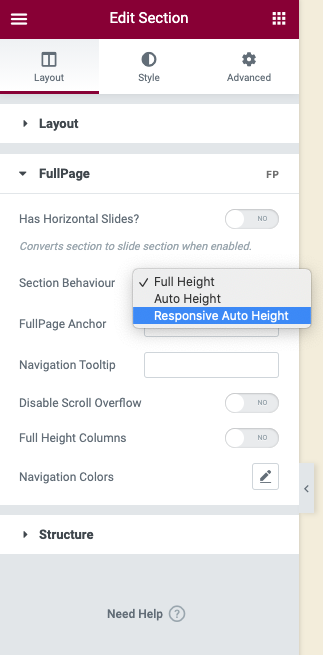 Remove height restriction on responsive mode for fullpage.js for Elementor in WordPress