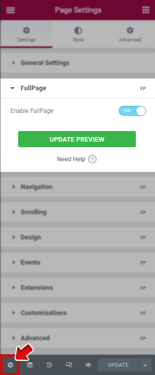 Enable FullPage for Elementor