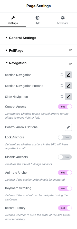FullPage for Elementor Navigation Options