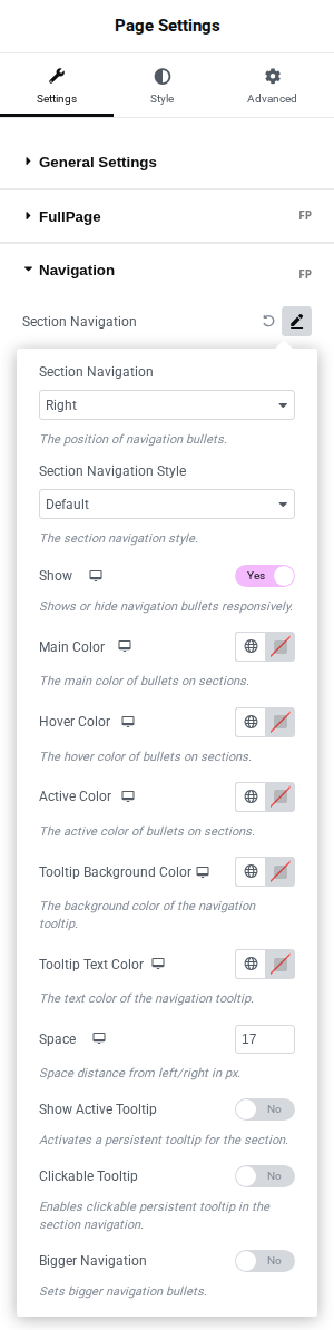 FullPage for Elementor Section Navigation Options