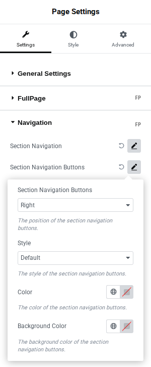 FullPage for Elementor Section Navigation Buttons Options