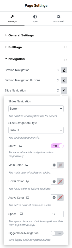 FullPage for Elementor Slide Navigation Options