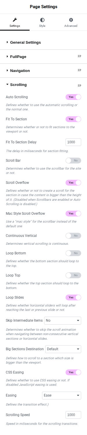 FullPage for Elementor Scrolling Options