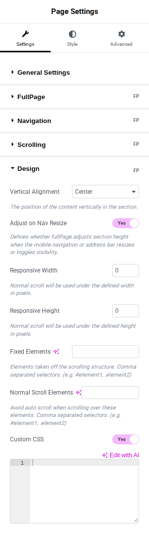 FullPage for Elementor Design Options